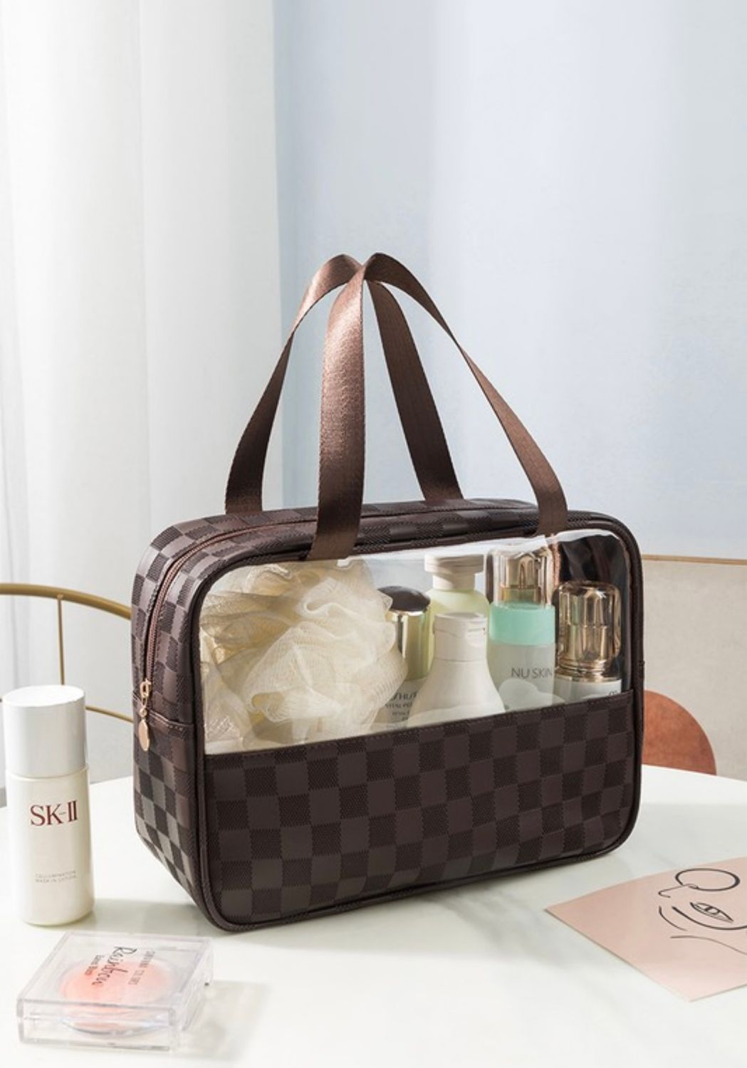 Checkered Travel Clear Bag, Brown