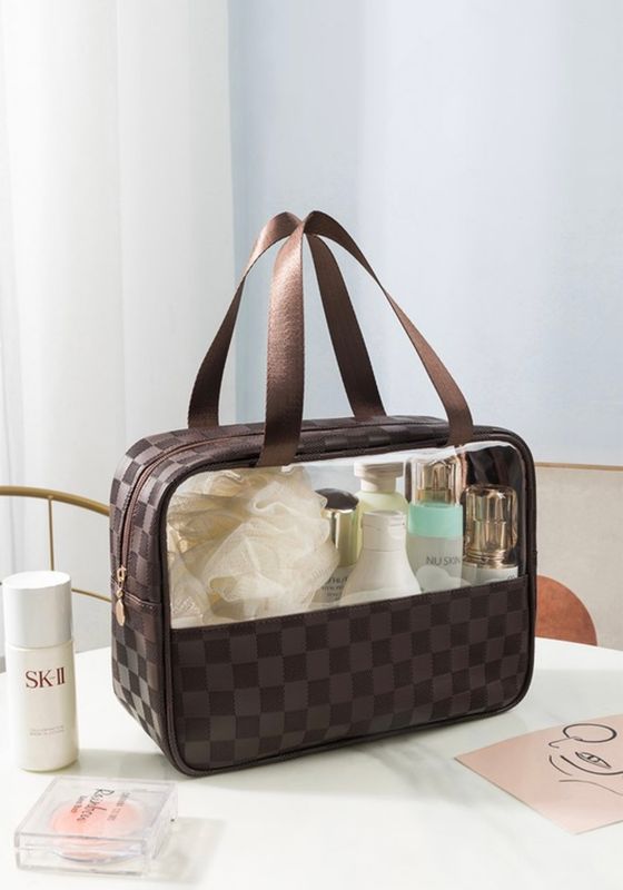 Checkered Travel Clear Bag, Brown