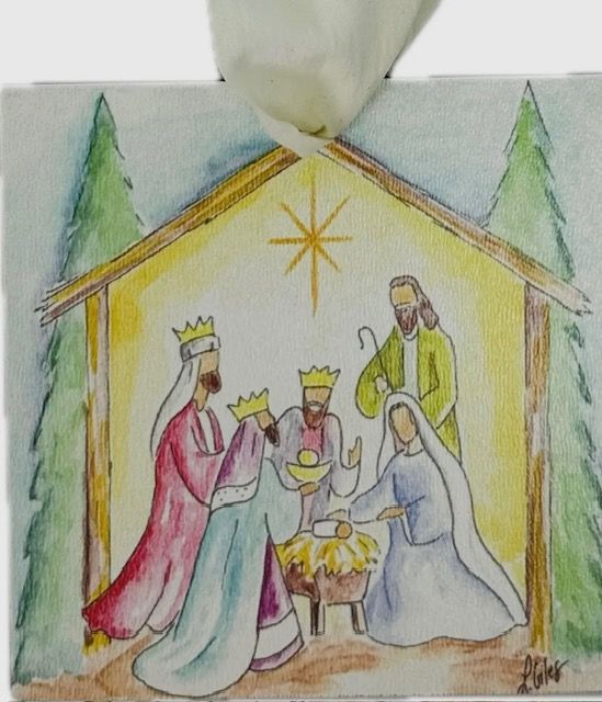 Square Nativity Ornament with Ribbon, Various
