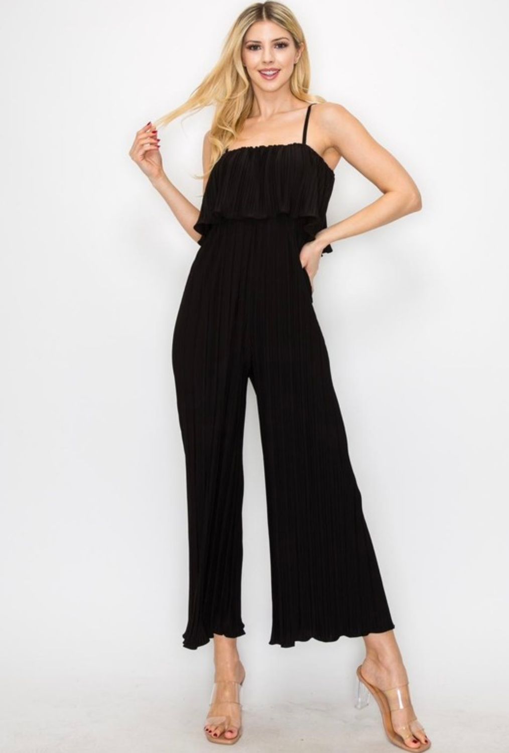 Pleated Wide Leg Jumpsuit, Black
