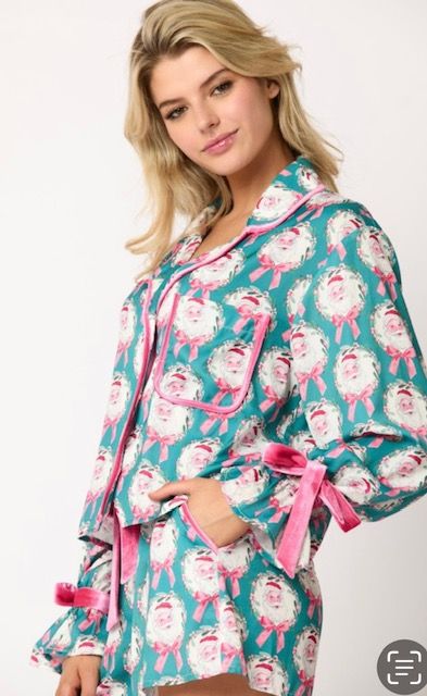 Santa &amp; Bow, Satin with Velvet, Teal/Pink/White