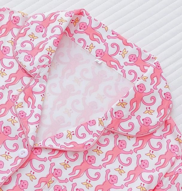 Monkey PJ Set, Pink with Green Trim