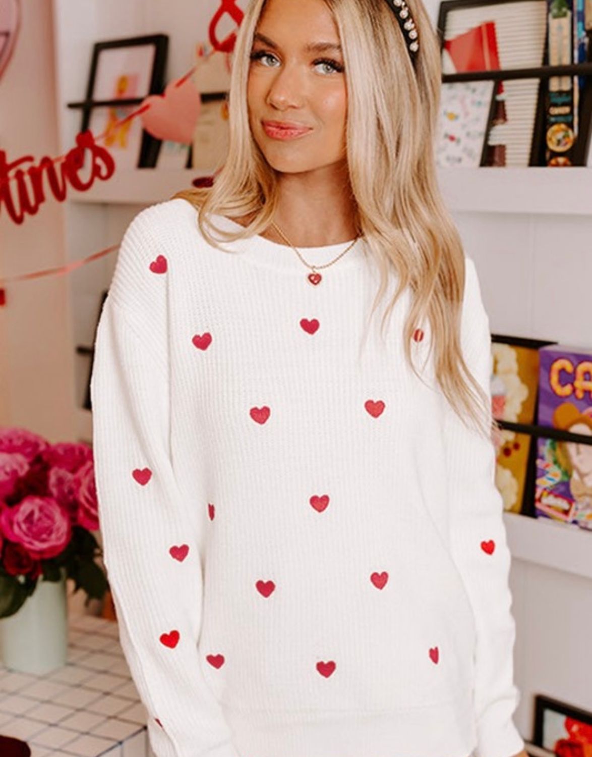 Crew Neck Sweater with Red Hearts