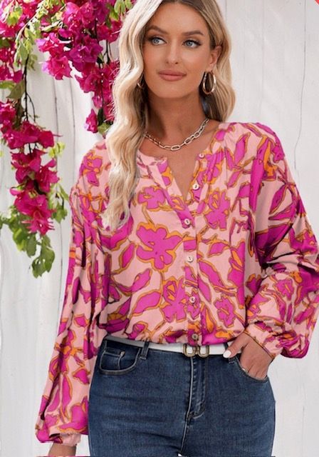 Floral Button Up Top, Pink