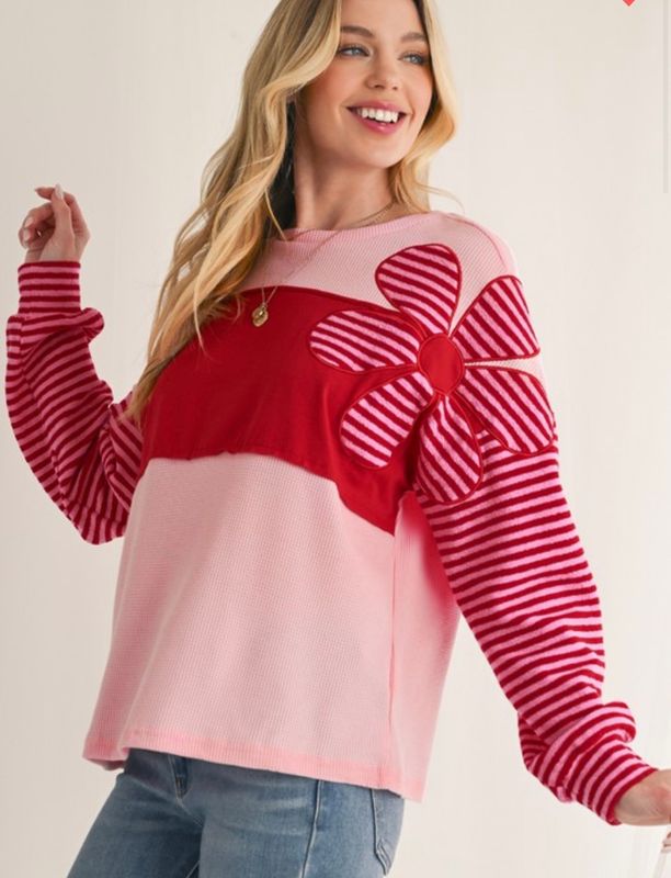 Striped Flower Waffle Top, Pink