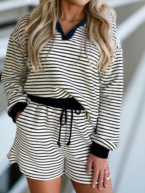 Collared Top/Drawstring Short Set, Black