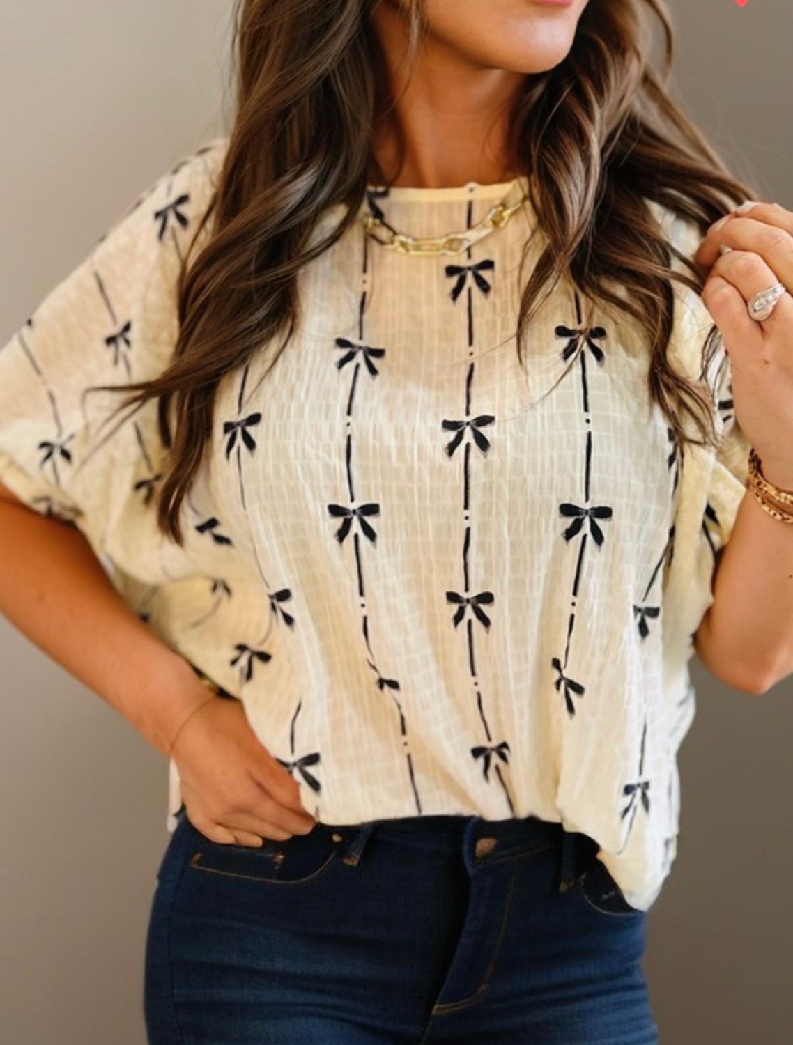 Bow Print, Elastic Sleeve Top, Beige