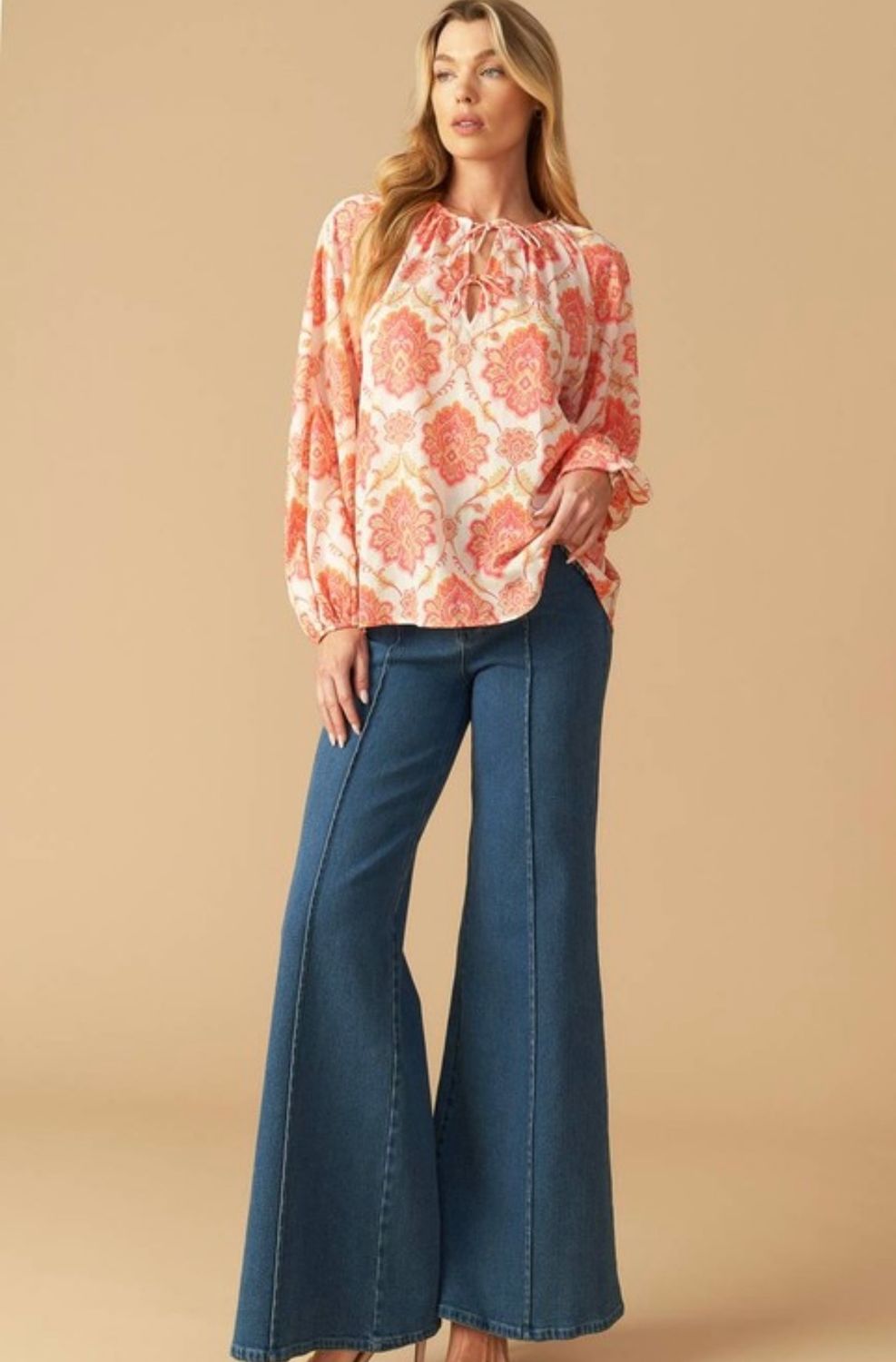 Tie V Neck Top, Ivory/Pink