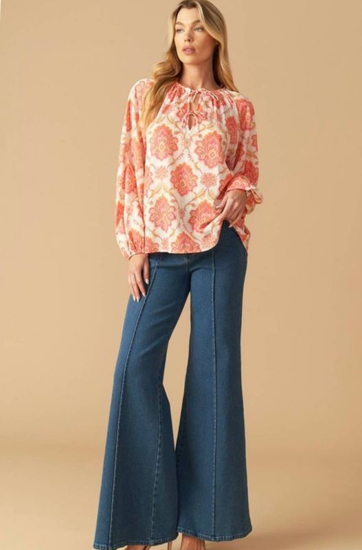 Tie V Neck Top, Ivory/Pink