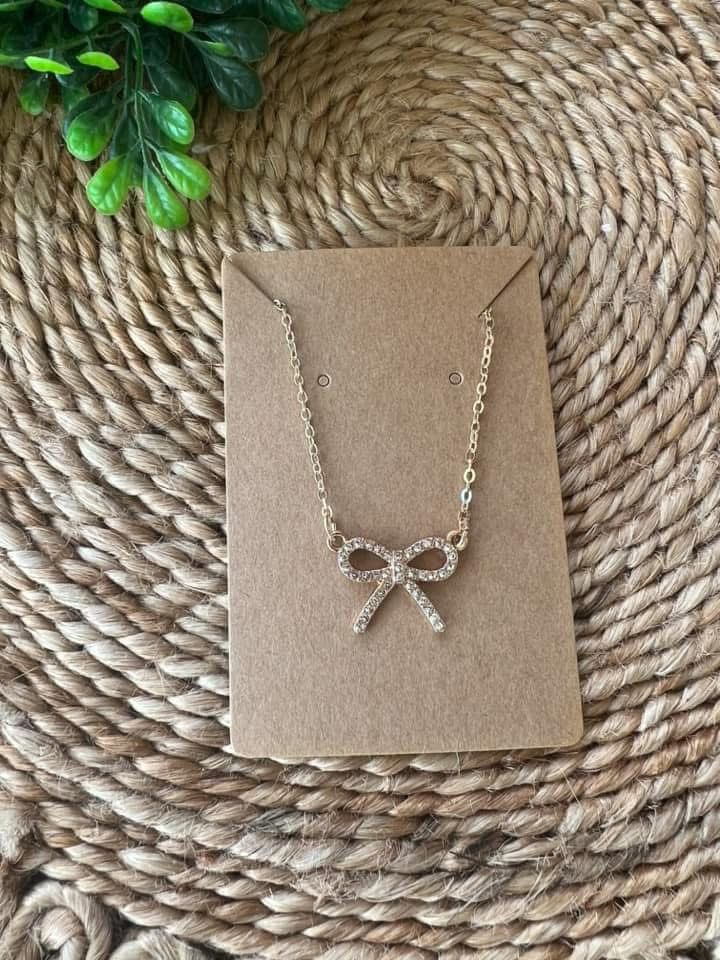 Rhinestone Bow Necklace, Gold