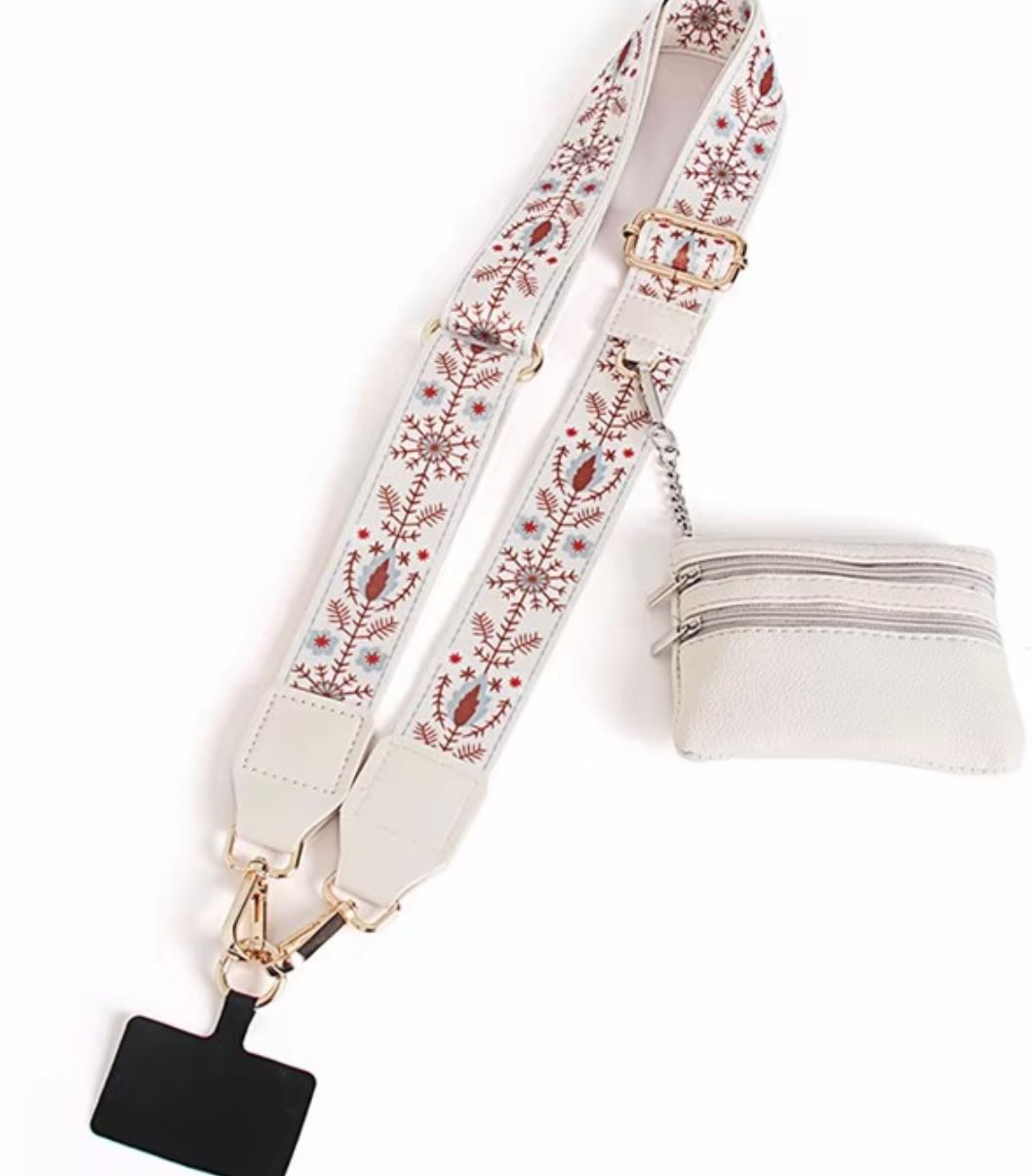 Cell Phone Adjustable Strap with Pouch, Beige