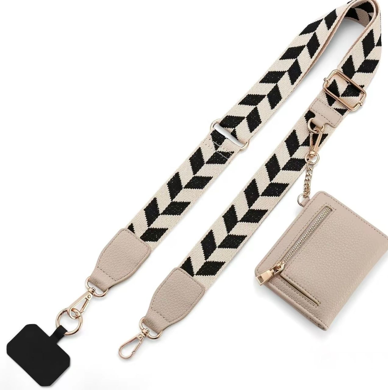 Cell Phone Adjustable Strap with Pouch, Cream/Black