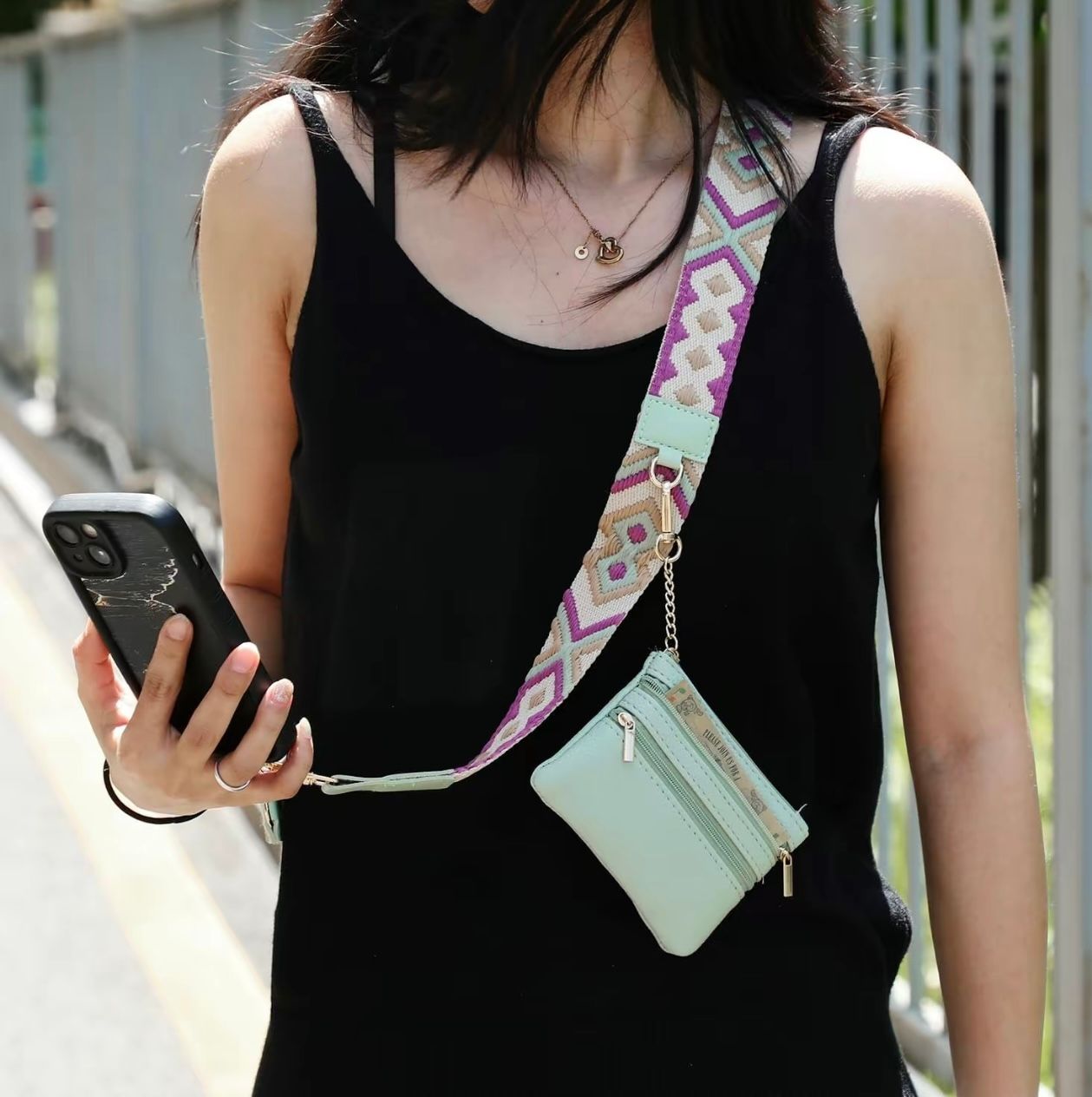 Cell Phone Adjustable Strap with Pouch, Green