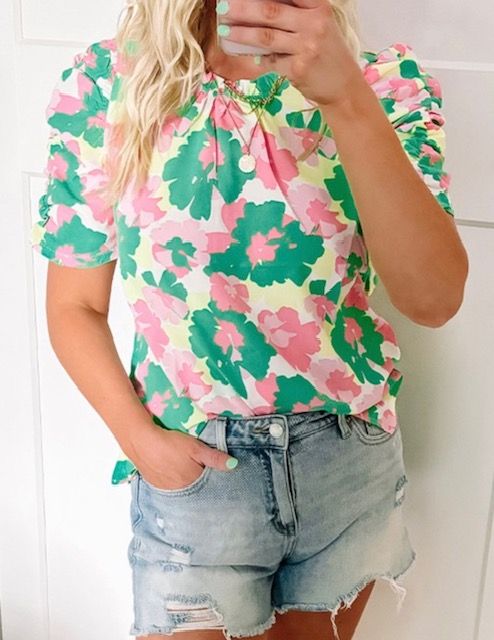 Ruched Sleeve Floral Top