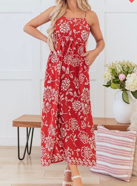 Floral Spaghetti Strap Maxi, Red