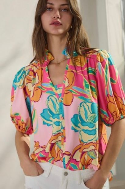 V Neck Top/Ruffle Sleeve