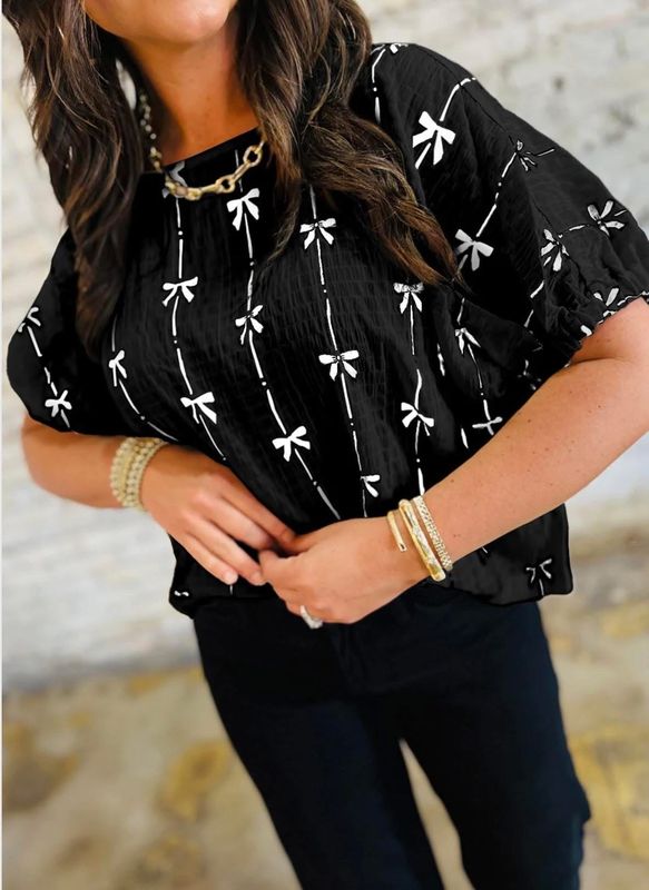 Elastic Sleeve Bow Top, Black