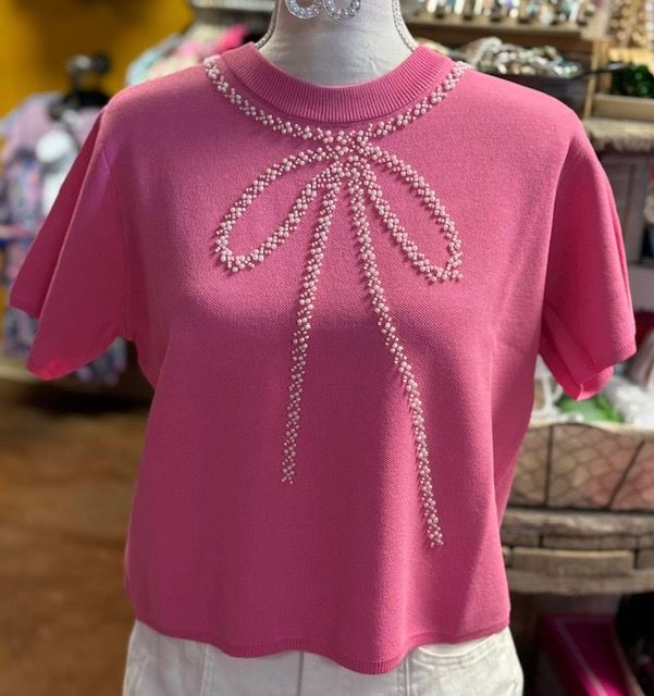 Pearl Bow Sweater, Pink