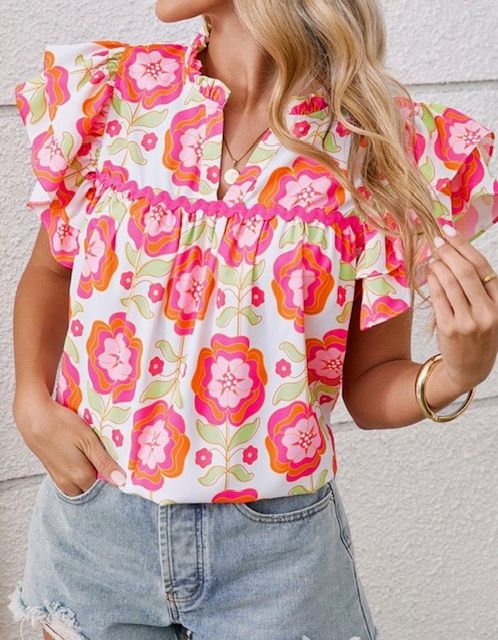 Boho RicRac Ruffle Top, Pink