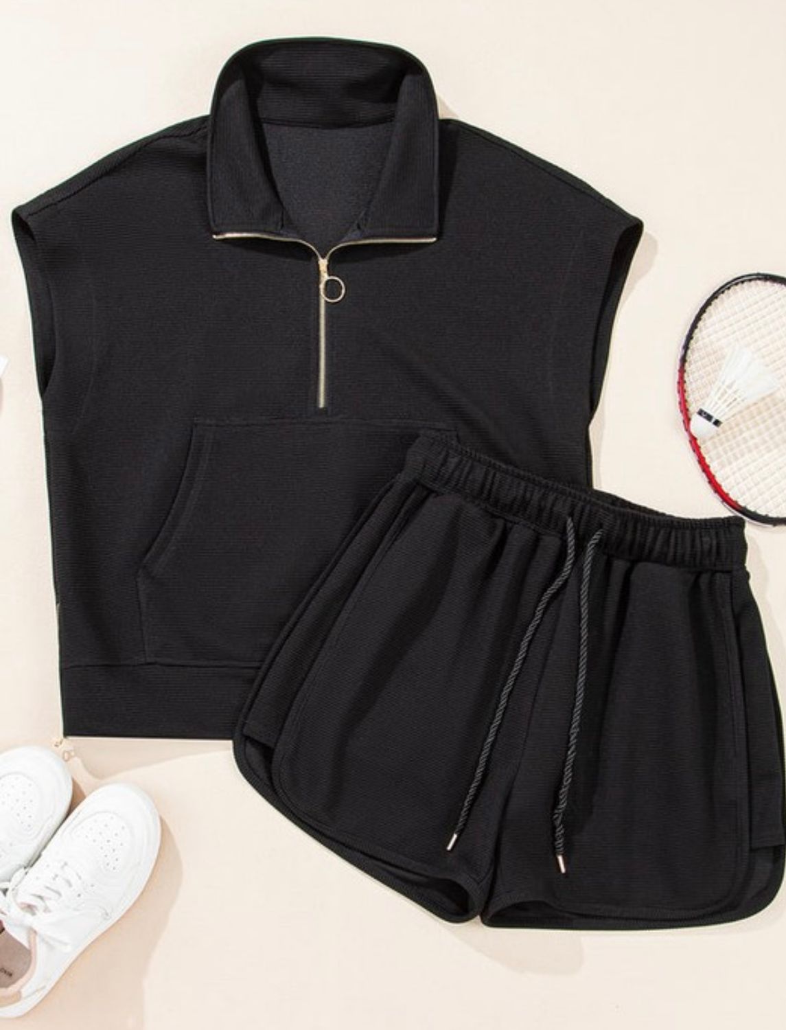 Textured Shorts And Top Set, Black