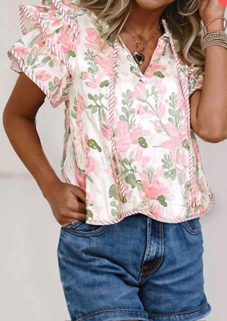 Tiered Sleeve V Neck Top, Pink