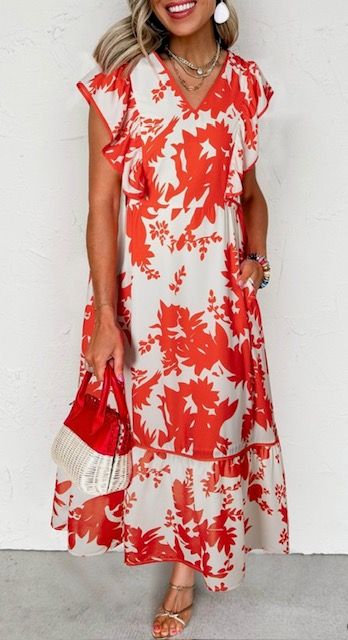 V Neck Ruffle Sleeve Dress, Red