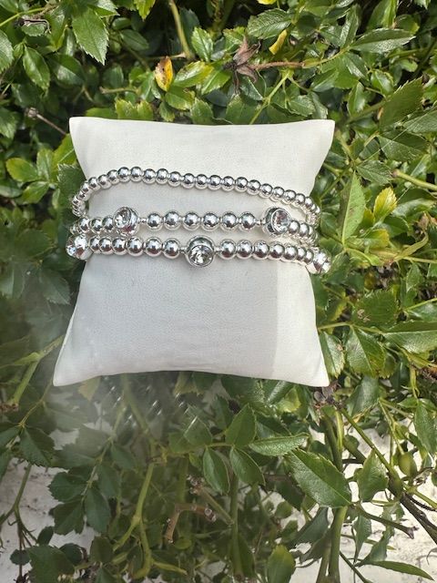 Beaded Stretch Bracelets, Silver Set of 3