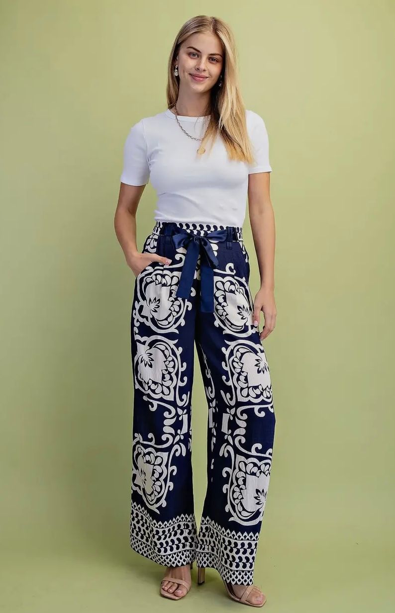 Pilazzo Pants with Design, Navy