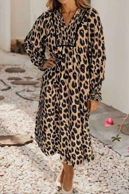 Smocked Top Midi Dress, Leopard