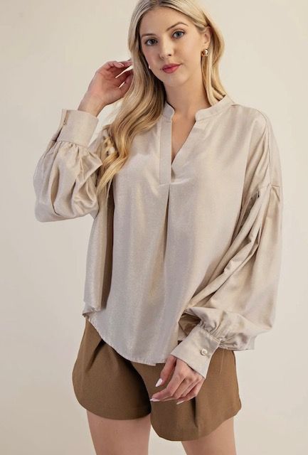V Neck Shimmer Top, Beige
