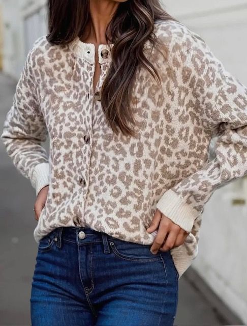 Drop Shoulder Sweater Cardigan, Leopard