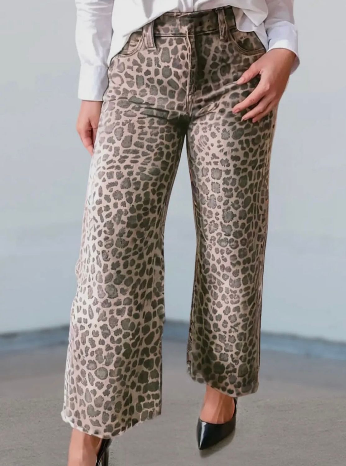 Frayed Edge Wide Leg Jeans, Leopard