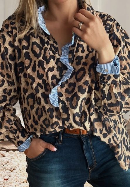 Ruffle Neck Top, Leopard