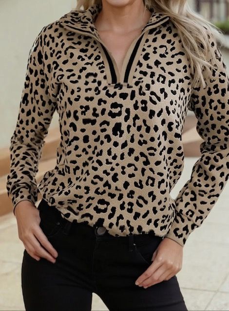Collar V Neck Top, Leopard