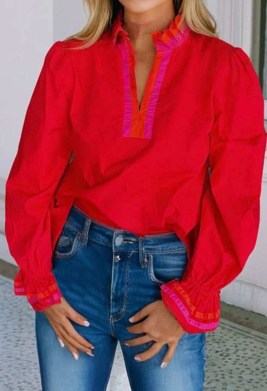 Stripe Trim Top, Red