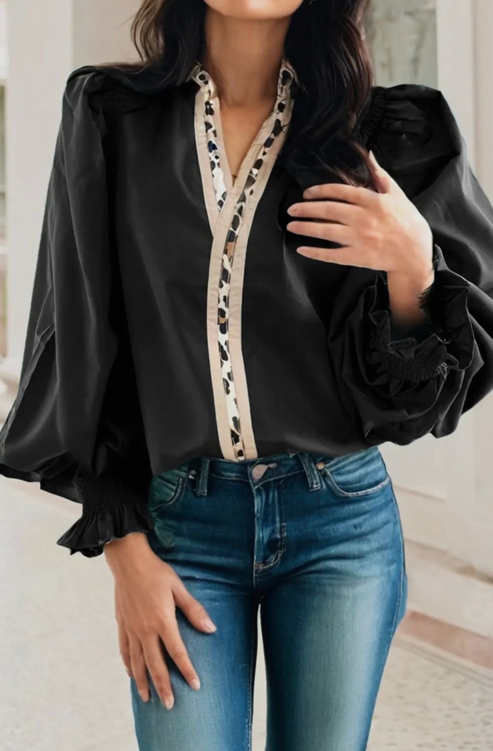 Leopard Trim V Neck Top, Black