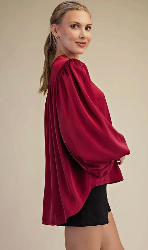 Pleated Sleeve Top, Red