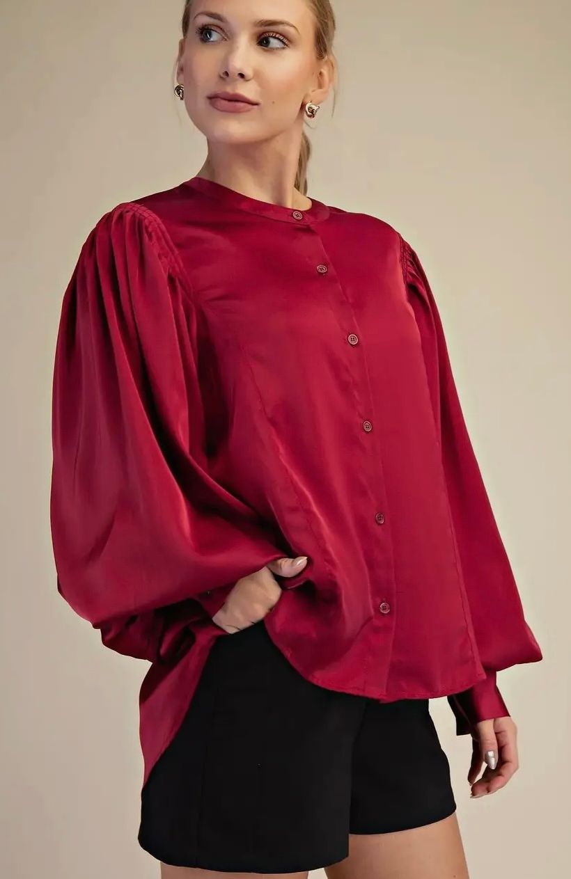 Pleated Sleeve Top, Red