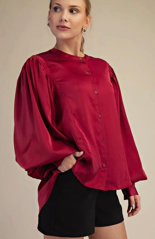 Pleated Sleeve Top, Red
