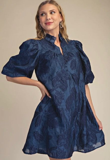 Ruffle Neck Dress, Blue