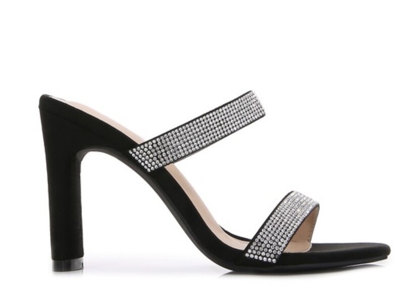 Rhinestone Strap, Chunky Heel Sandal, Black