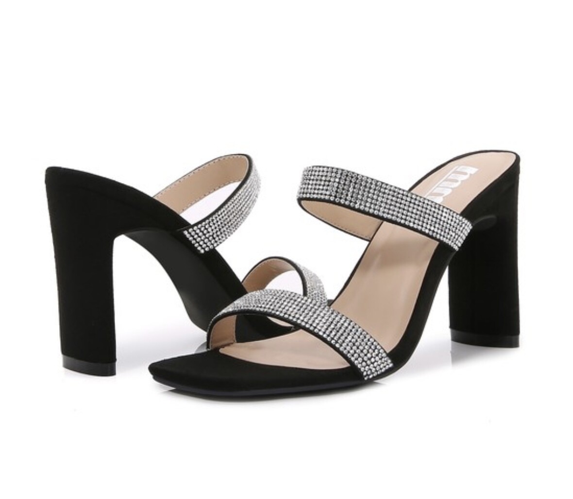 Rhinestone Strap, Chunky Heel Sandal, Black