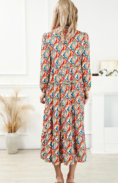 Geometric Print High Waist Dress, Yellow