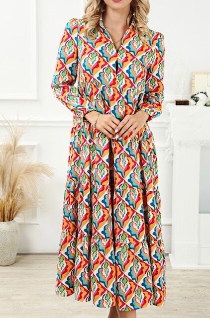 Geometric Print High Waist Dress, Yellow