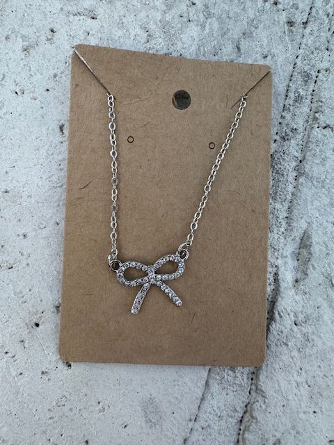Rhinestone Bow Necklace, Silver