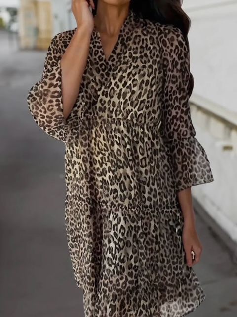 V Neck Tiered Dress, Leopard