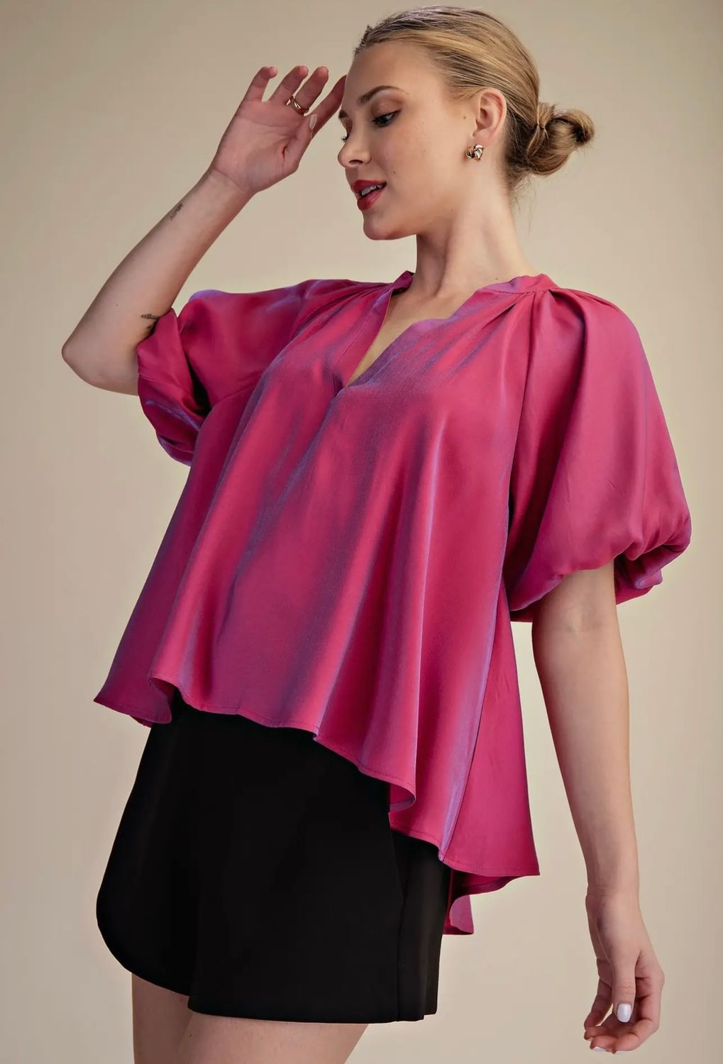 V Neck Hi/Low Top, Fuchsia