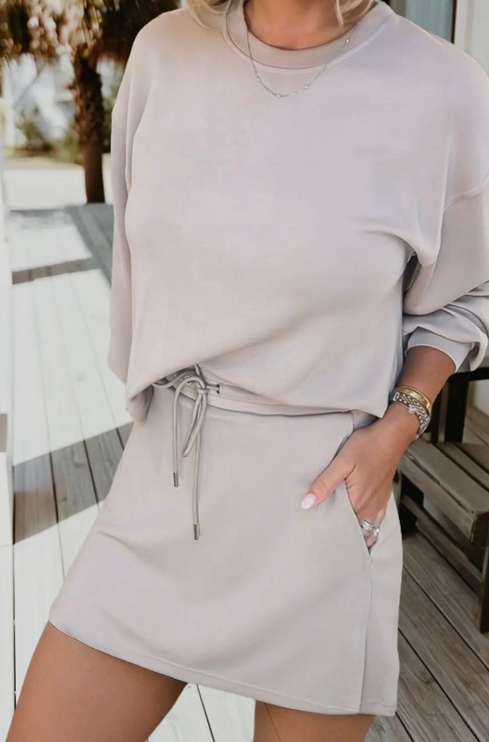 Drop Shoulder &amp; Skort Set, Beige