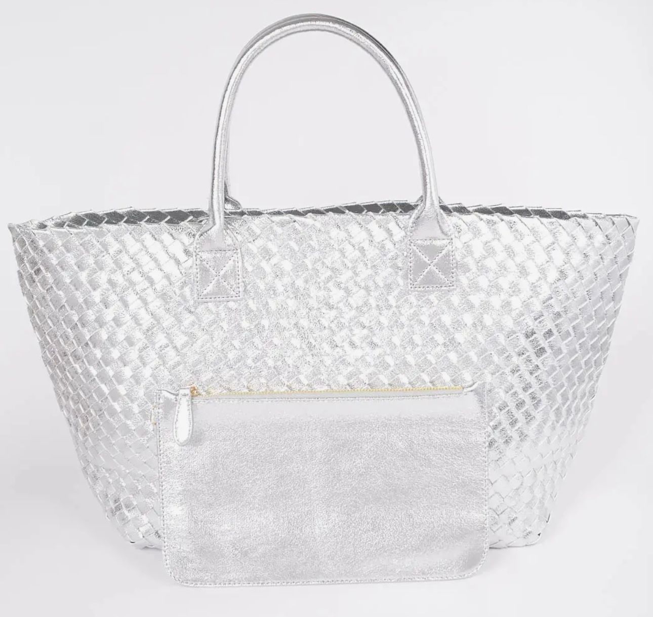Braided Leather Tote Bag, Metallic Silver