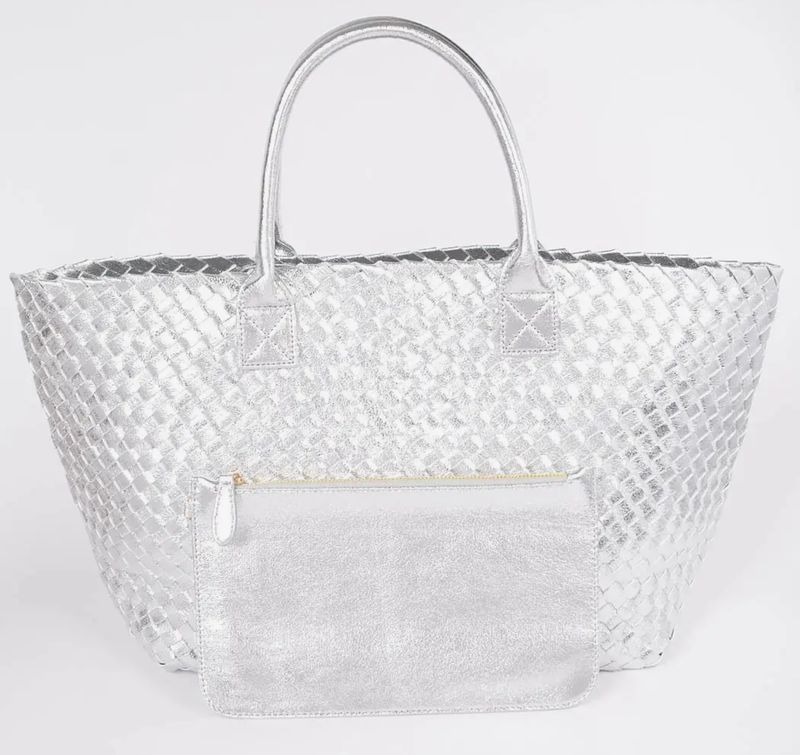 Braided Leather Tote Bag, Metallic Silver